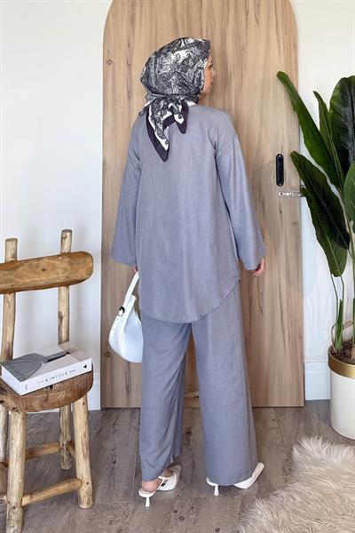 Ön Çift Bağcık Detaylı Kimono Tesettür Takım Gri