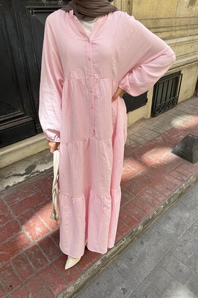 Ön Yarım Düğme Detaylı Müslin Kumaş Tesettür Elbise Pembe