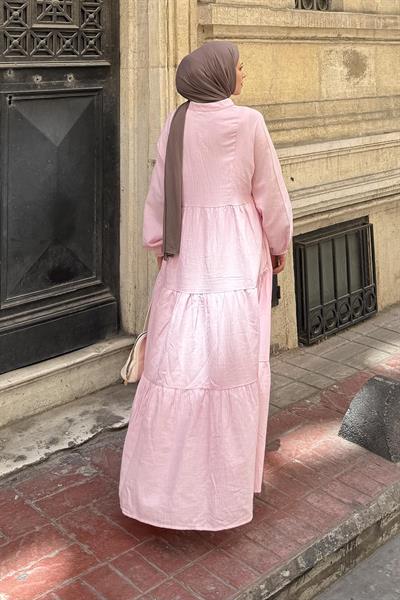 Ön Yarım Düğme Detaylı Müslin Kumaş Tesettür Elbise Pembe