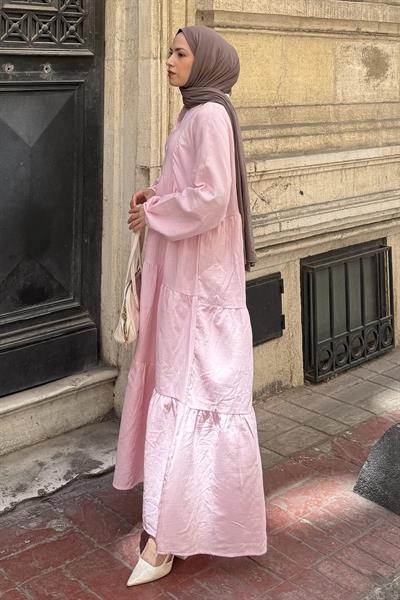 Ön Yarım Düğme Detaylı Müslin Kumaş Tesettür Elbise Pembe