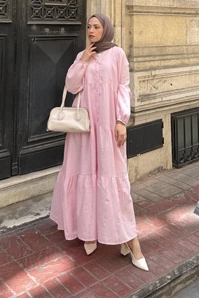 Ön Yarım Düğme Detaylı Müslin Kumaş Tesettür Elbise Pembe