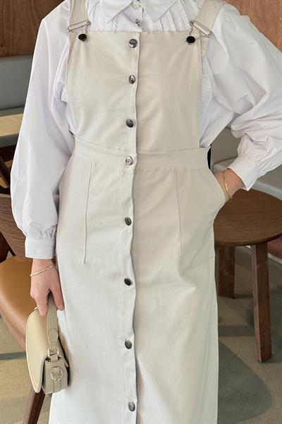 Önü Boydan Düğmeli Salopet Açık Gri