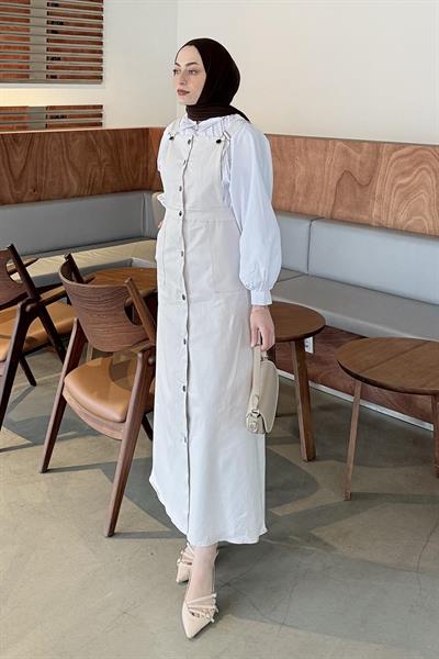 Önü Boydan Düğmeli Salopet Açık Gri