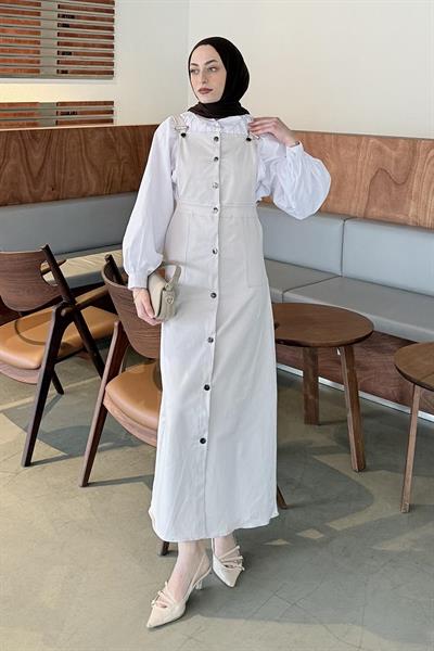 Önü Boydan Düğmeli Salopet Açık Gri