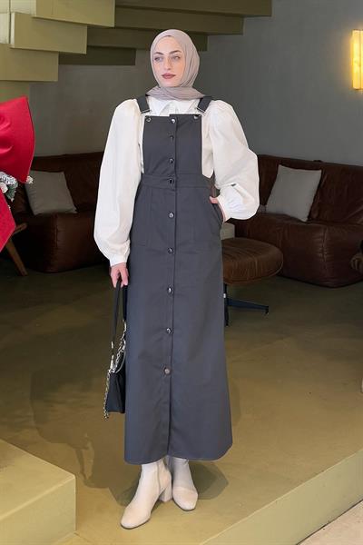 Önü Boydan Düğmeli Salopet Antrasit