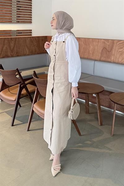 Önü Boydan Düğmeli Salopet Krem