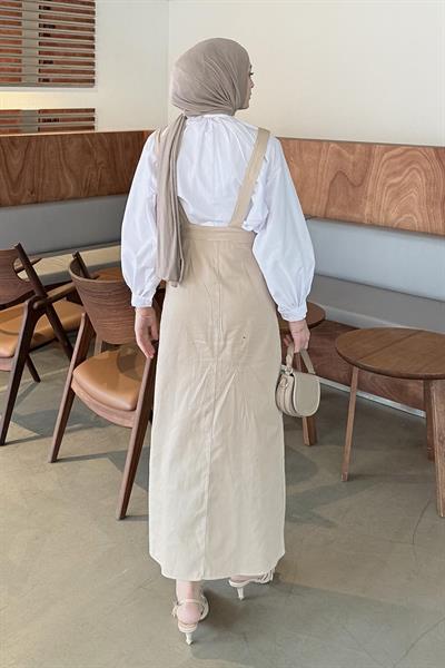 Önü Boydan Düğmeli Salopet Krem