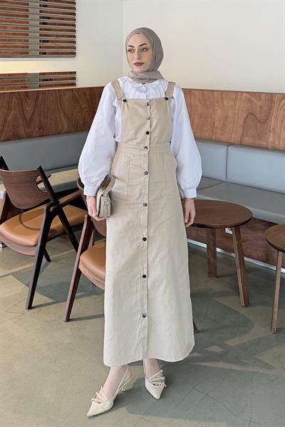 Önü Boydan Düğmeli Salopet Krem