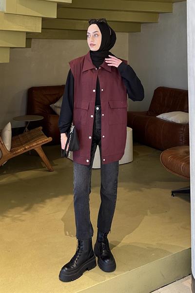 Önü Çıtçıt Düğmeli Yelek Bordo