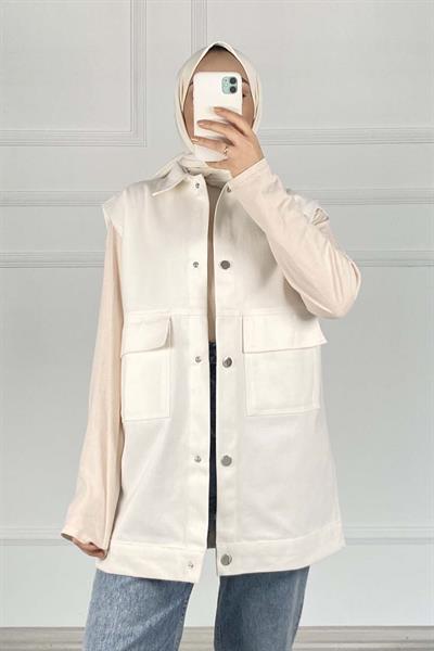 Önü Çıtçıt Düğmeli Yelek Ekru