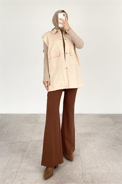 Önü Çıtçıt Düğmeli Yelek Kum Beji