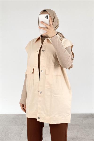 Önü Çıtçıt Düğmeli Yelek Kum Beji