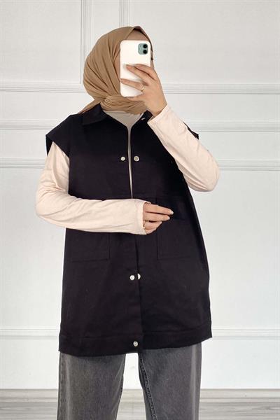Önü Çıtçıt Düğmeli Yelek Siyah
