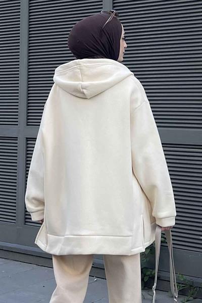 Önü Fermuarlı Yan Yırtmaçlı Üç Iplik Sweat Hırka Krem