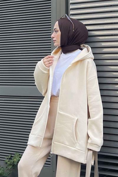 Önü Fermuarlı Yan Yırtmaçlı Üç Iplik Sweat Hırka Krem