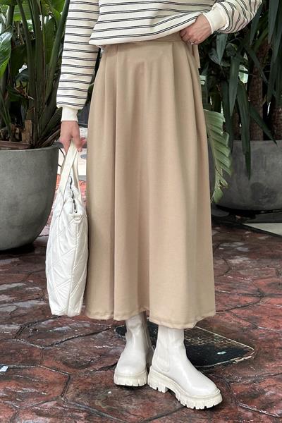 Önü Pileli Scuba Kumaş Bej