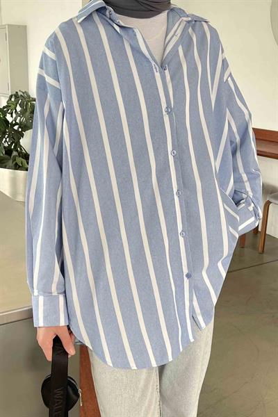 Oversize Kalın Çizgi Detaylı Gömlek Mavi