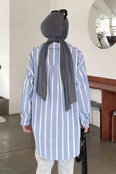 Oversize Kalın Çizgi Detaylı Gömlek Mavi