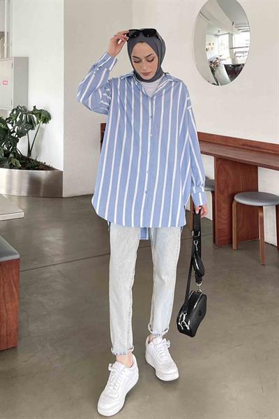 Oversize Kalın Çizgi Detaylı Gömlek Mavi