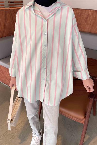 Oversize Kalın Çizgi Detaylı Gömlek Su Yeşili