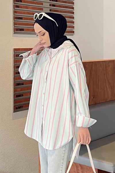 Oversize Kalın Çizgi Detaylı Gömlek Su Yeşili