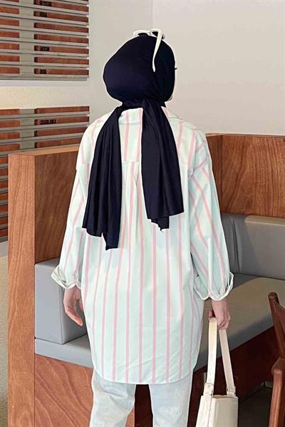 Oversize Kalın Çizgi Detaylı Gömlek Su Yeşili