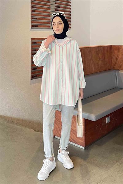Oversize Kalın Çizgi Detaylı Gömlek Su Yeşili