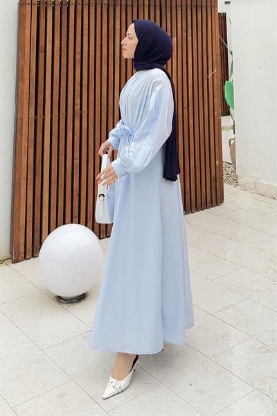 Pileli Poplin Elbise Bebe Mavisi