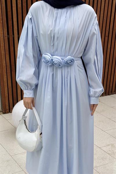 Pileli Poplin Elbise Bebe Mavisi