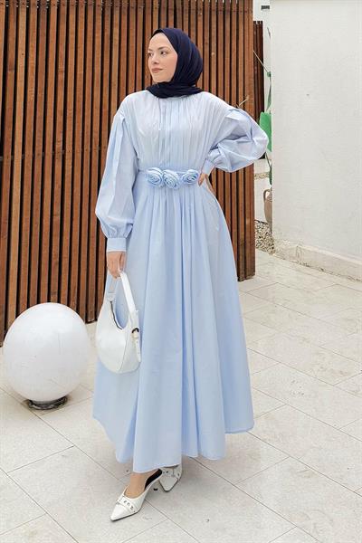 Pileli Poplin Elbise Bebe Mavisi