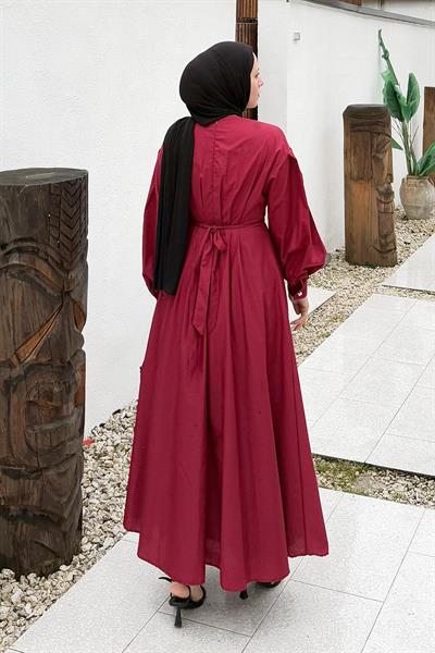 Pileli Poplin Elbise Bordo