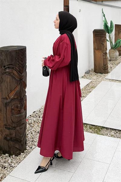 Pileli Poplin Elbise Bordo