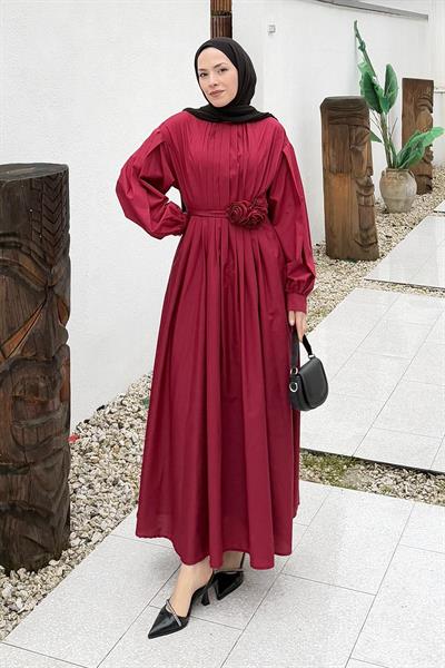 Pileli Poplin Elbise Bordo
