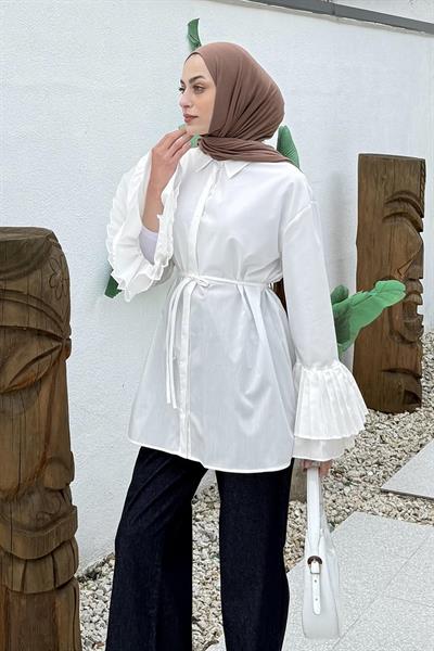 Piliseli Uzun Gömlek Beyaz