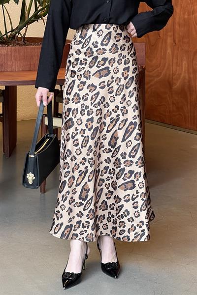 Saten Pamuklu Leopar Etek Camel