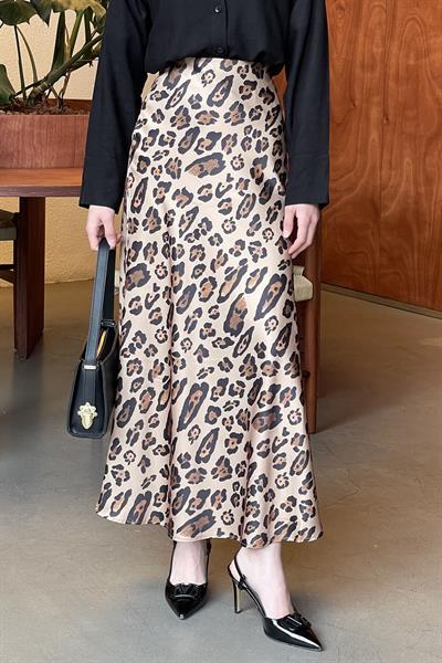 Saten Pamuklu Leopar Etek Camel