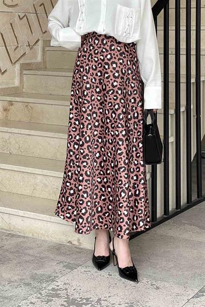 Saten Pamuklu Leopar Etek Gül