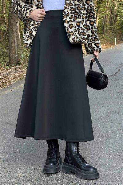 Scuba Kumaş Kloş Etek Siyah