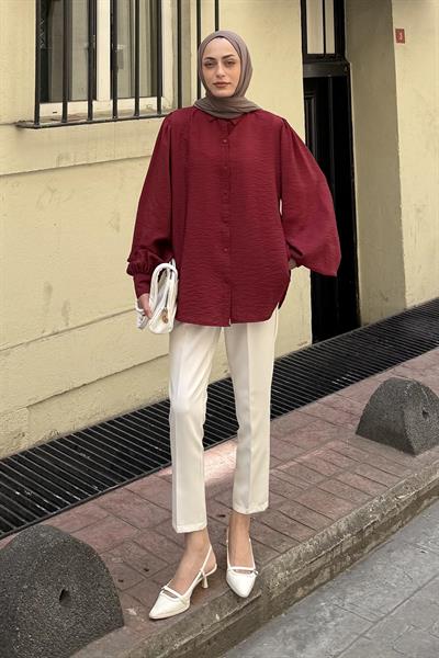 Sedef Balon Kol Gömlek Bordo