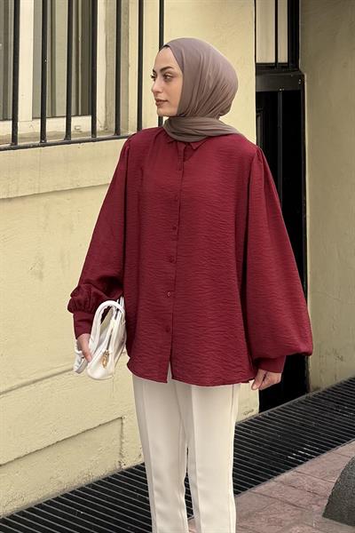Sedef Balon Kol Gömlek Bordo
