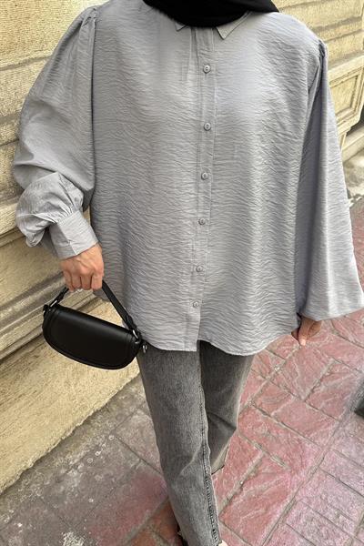 Sedef Balon Kol Gömlek Gri