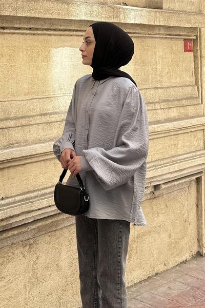 Sedef Balon Kol Gömlek Gri