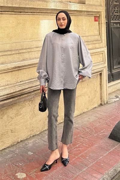 Sedef Balon Kol Gömlek Gri