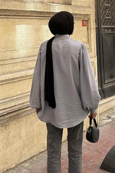 Sedef Balon Kol Gömlek Gri