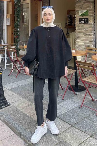 Sedef Balon Kol Gömlek Siyah