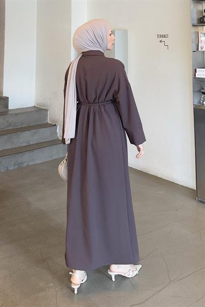 Takma Manşet Detaylı Dabıl Tesettür Elbise Acı Kahverengi