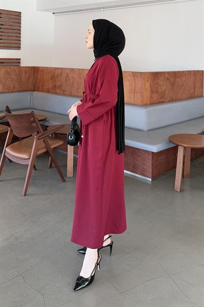 Takma Manşet Detaylı Dabıl Tesettür Elbise Bordo