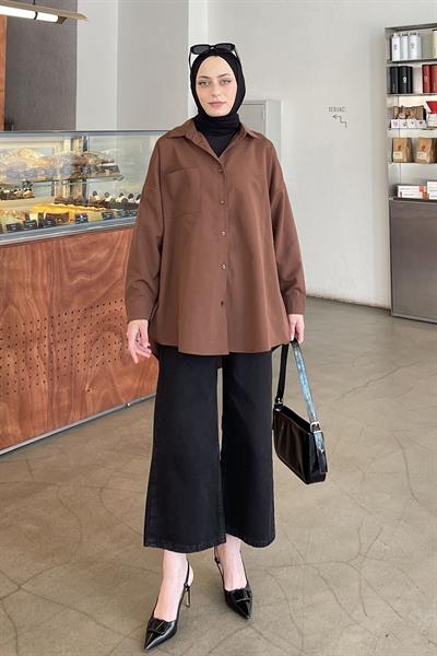 Tek Cep Detaylı Oversize Gömlek Acı Kahverengi