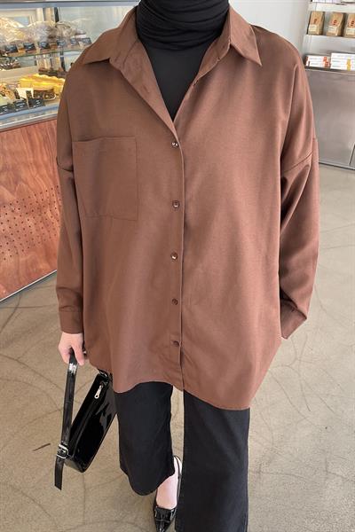 Tek Cep Detaylı Oversize Gömlek Acı Kahverengi
