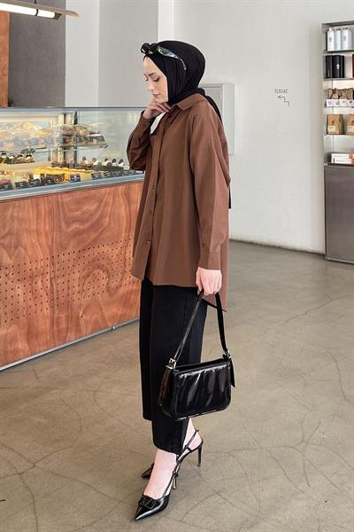 Tek Cep Detaylı Oversize Gömlek Acı Kahverengi